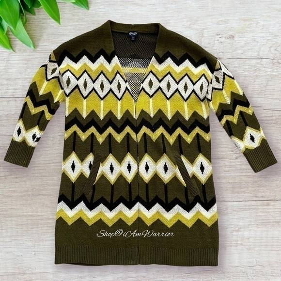 Scoop olive/chartreuse chevron long sweater duster cardigan *shop@iamwarrior - Picture 5 of 11